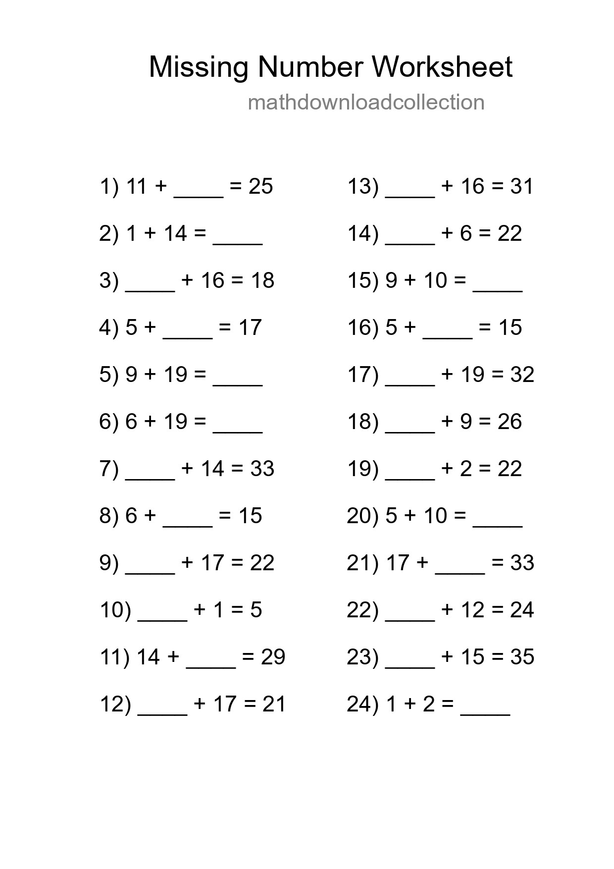 Missing Number Math Worksheet