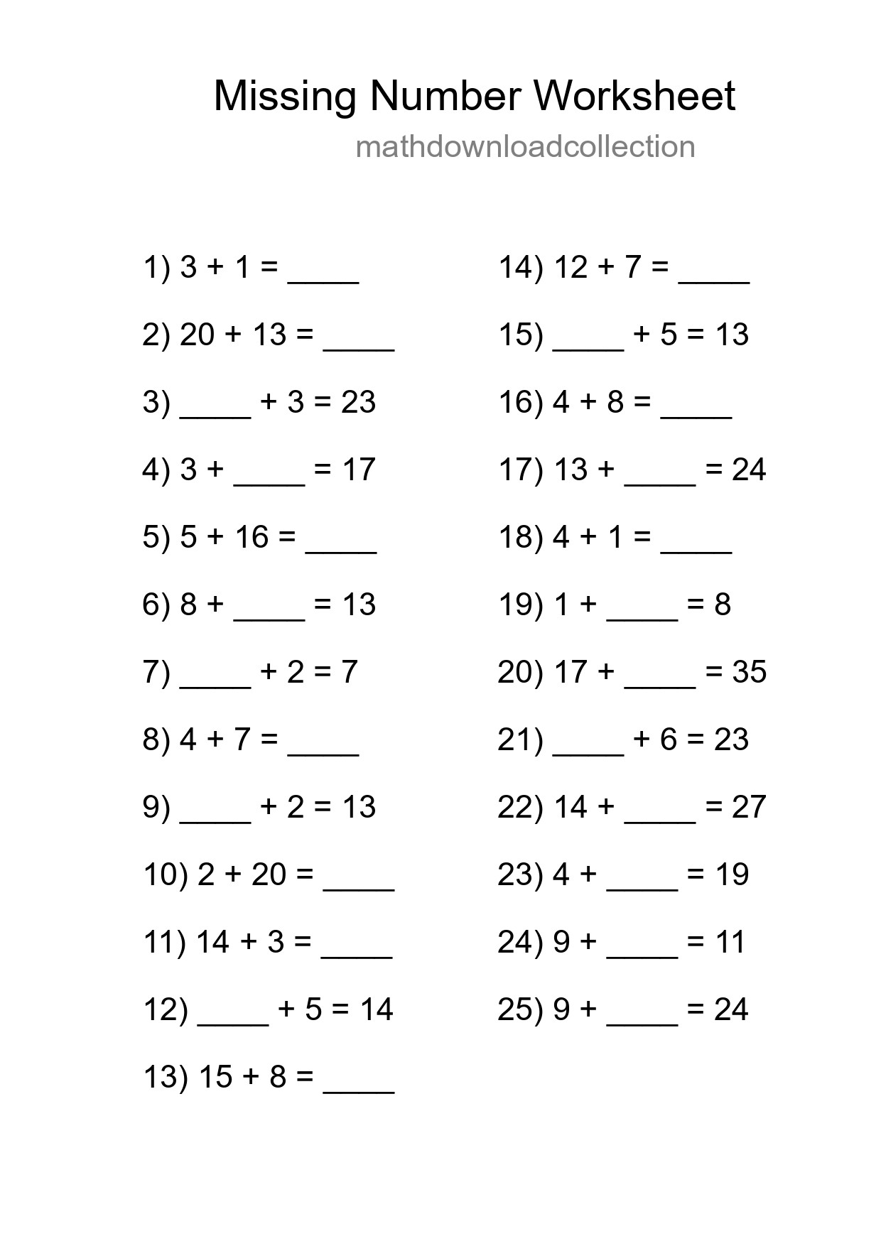 Missing Number Math Worksheet