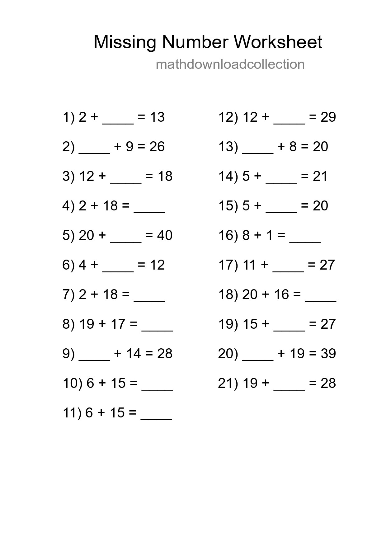 Missing Number Math Worksheet