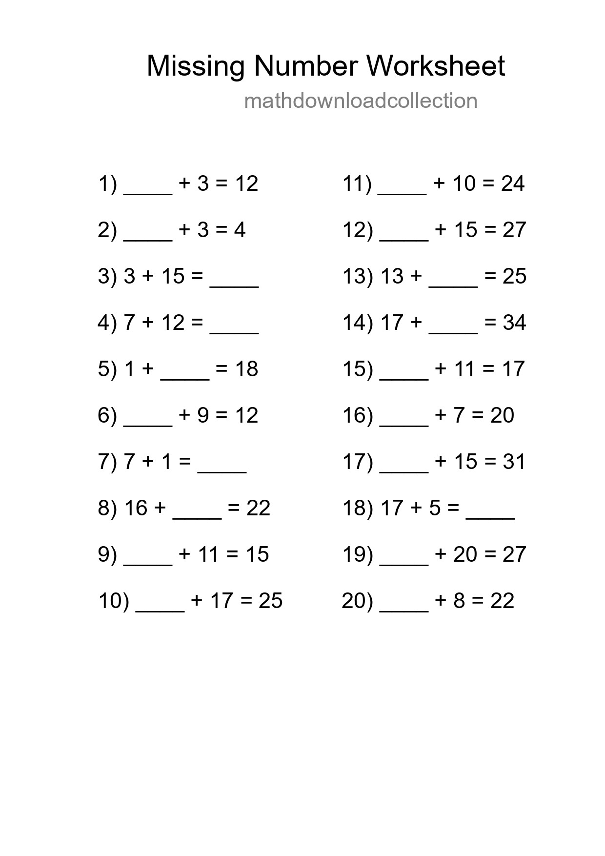 Missing Number Math Worksheet