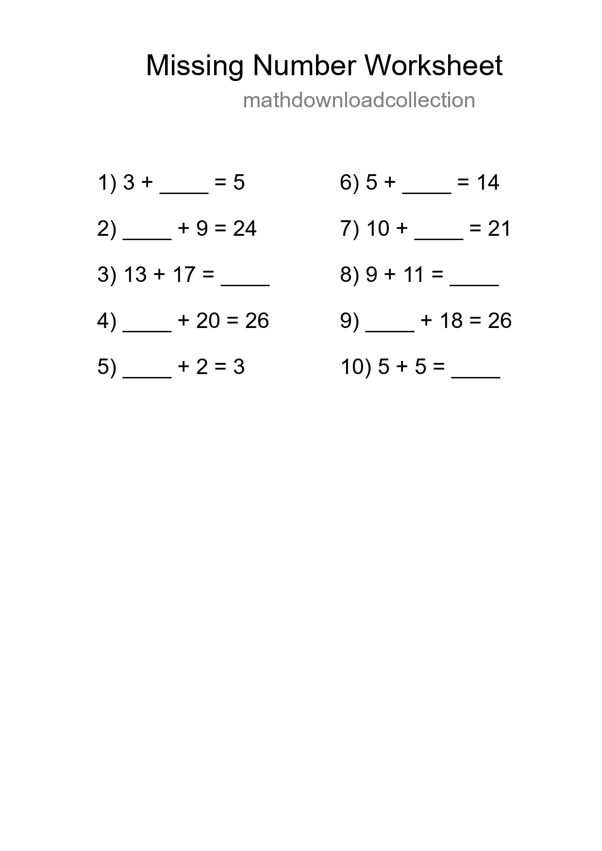 Missing Number Math Worksheet