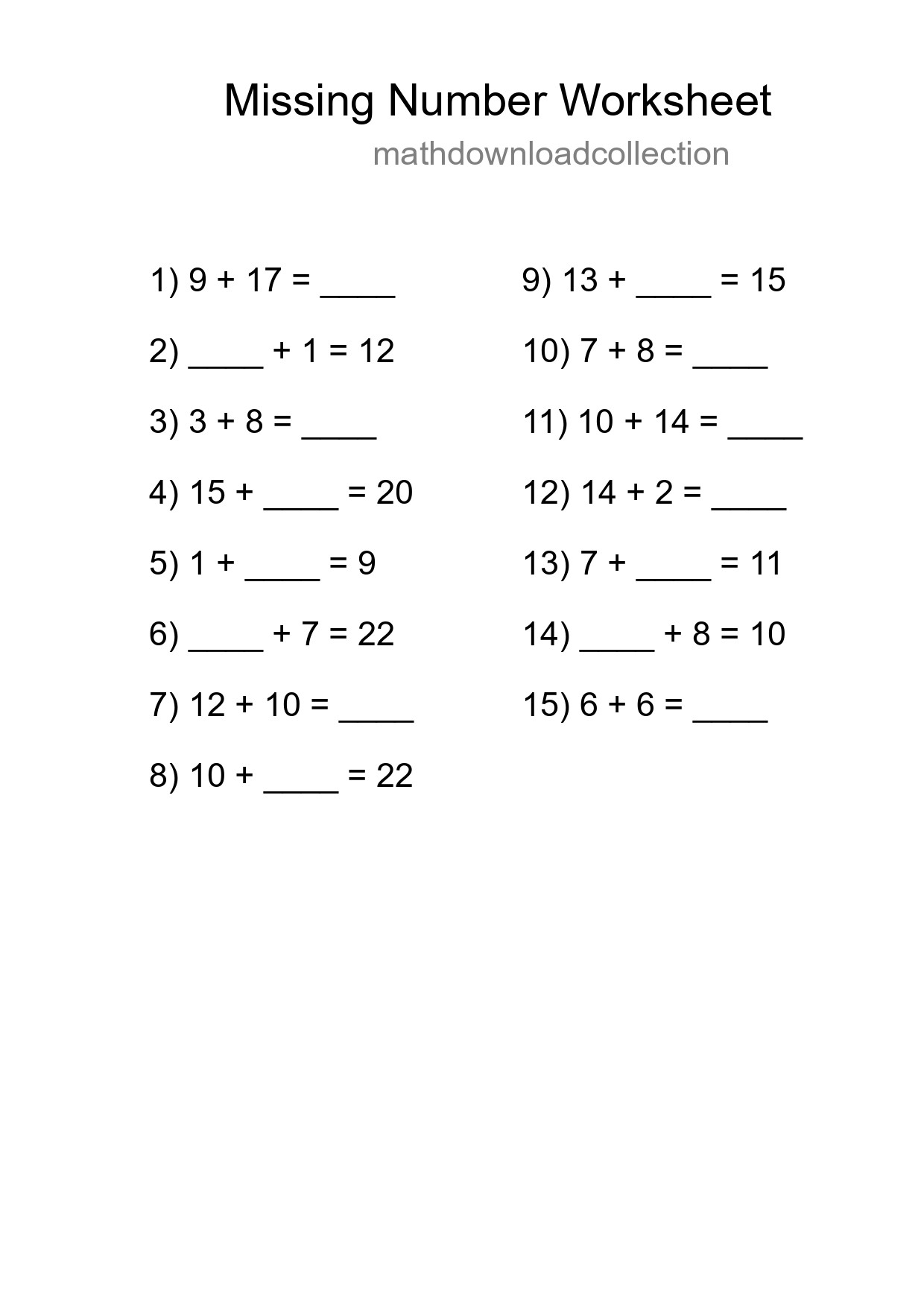 Missing Number Math Worksheet