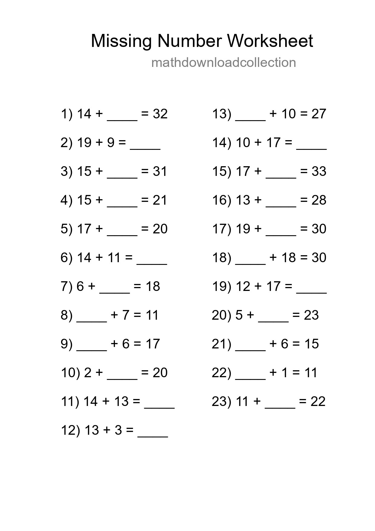 Missing Number Math Worksheet
