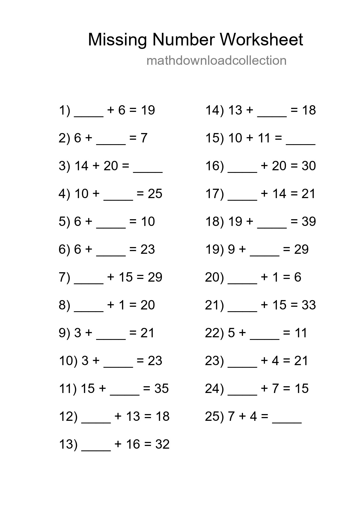 Missing Number Math Worksheet