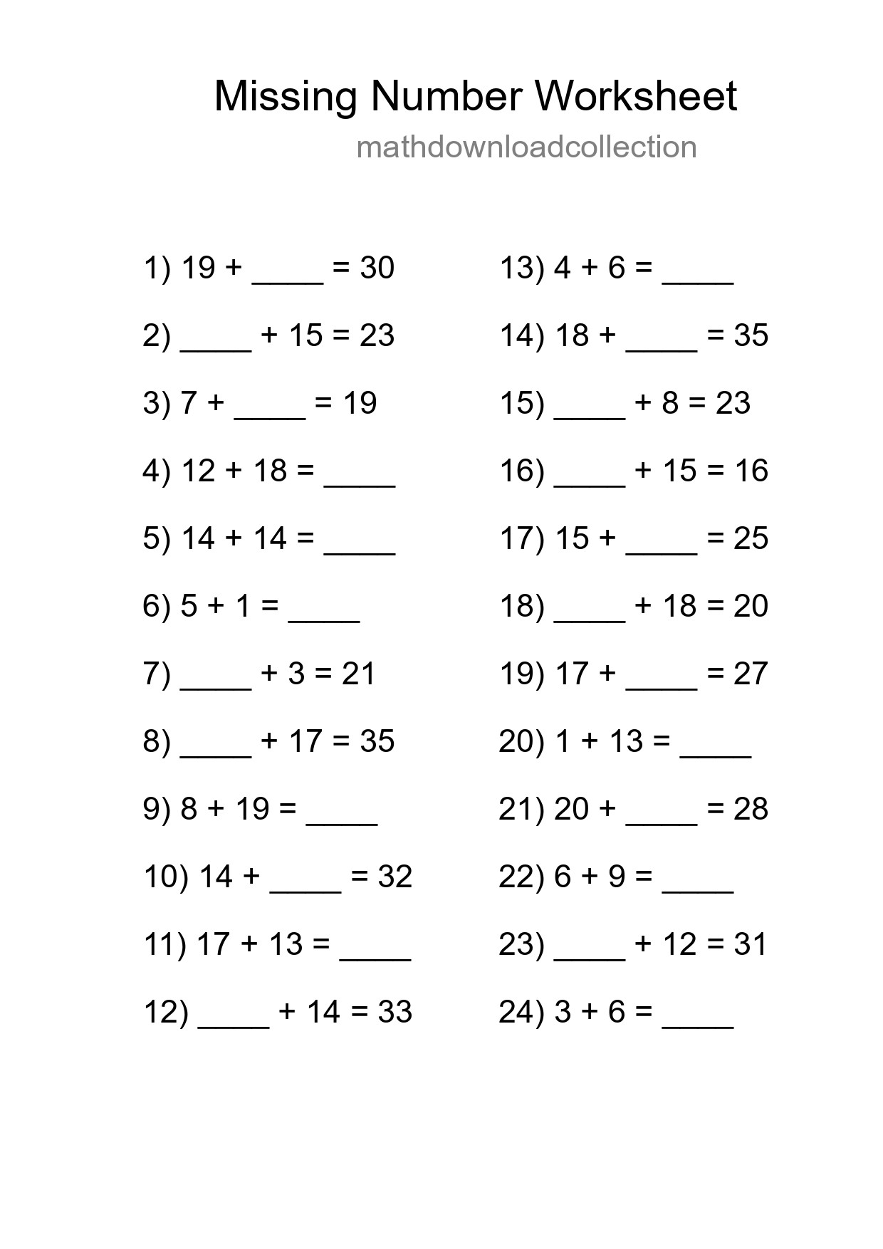 Missing Number Math Worksheet