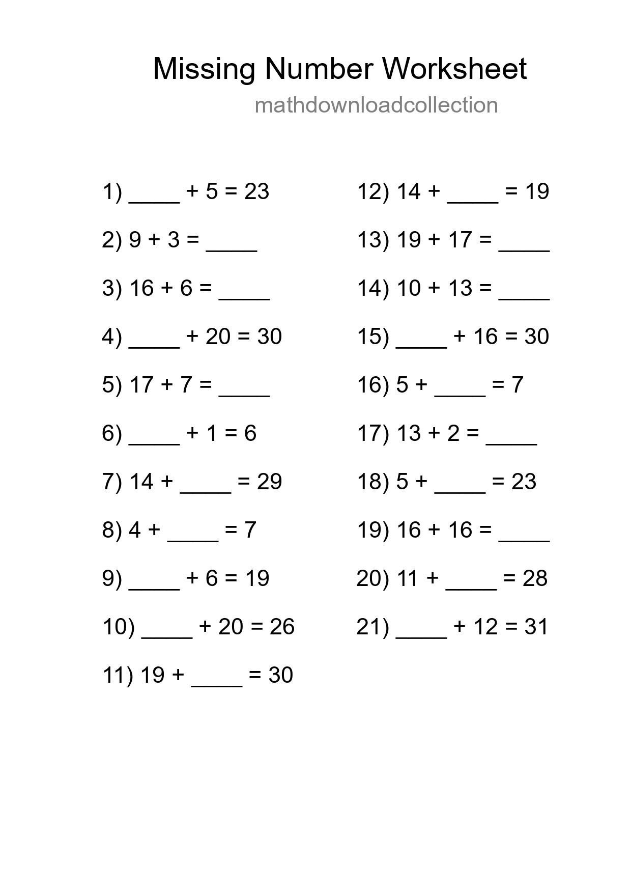 Missing Number Math Worksheet