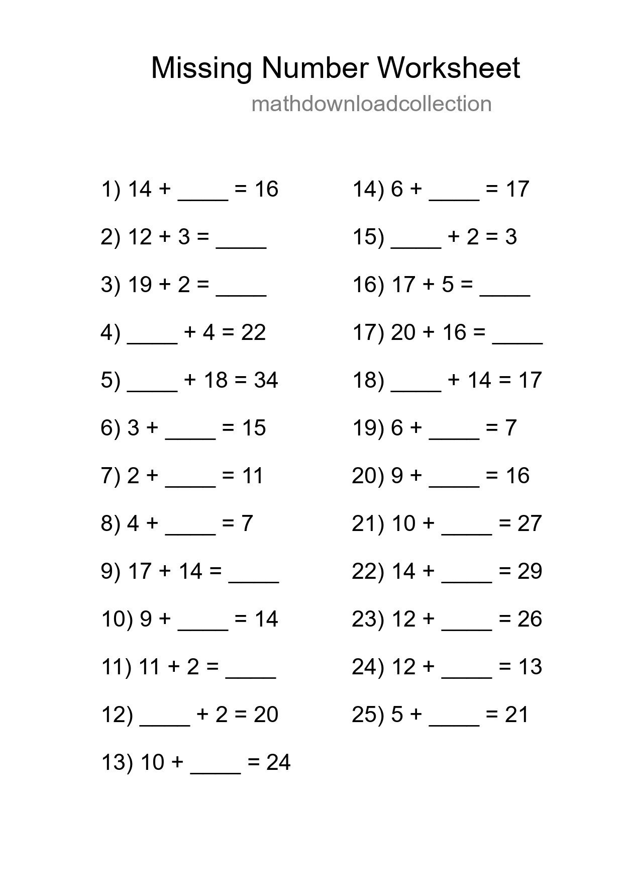 Missing Number Math Worksheet