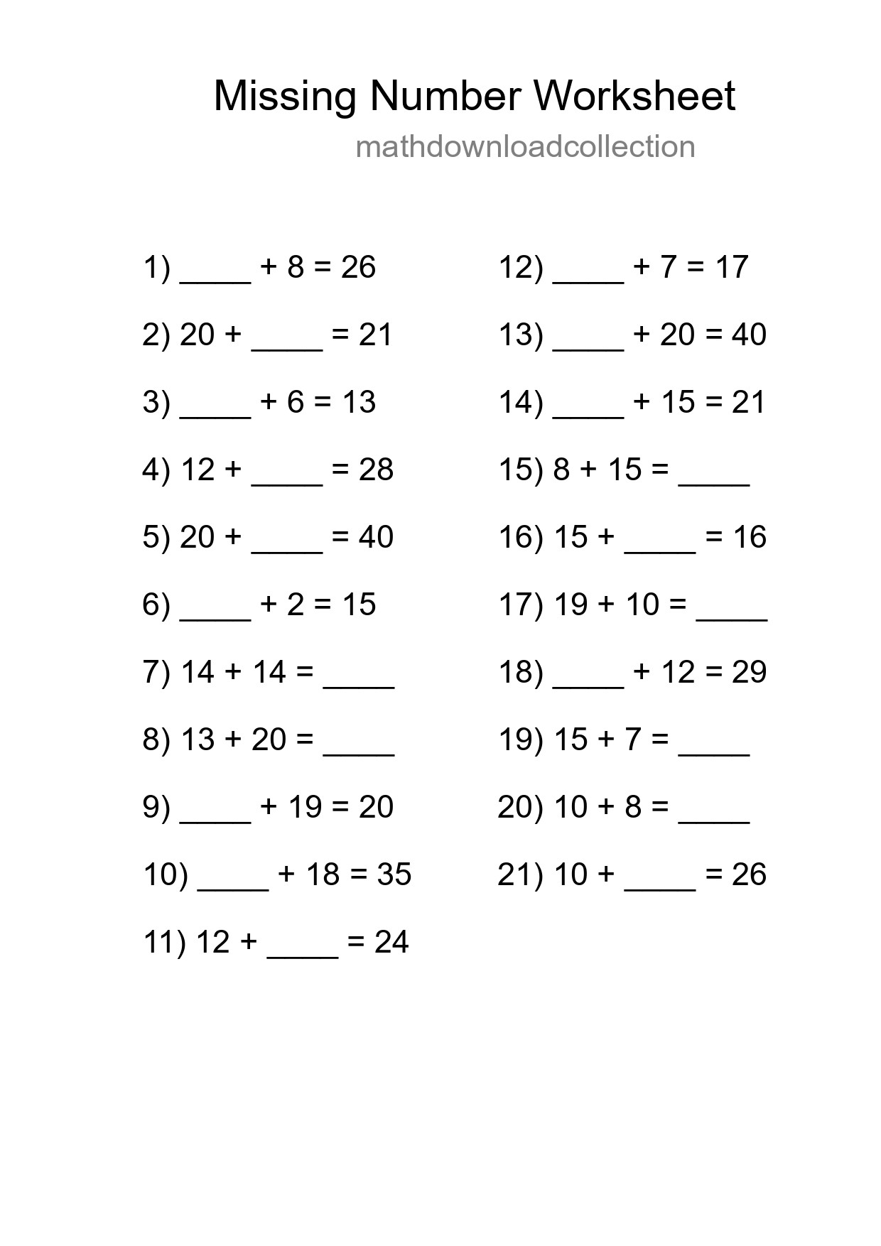 Missing Number Math Worksheet