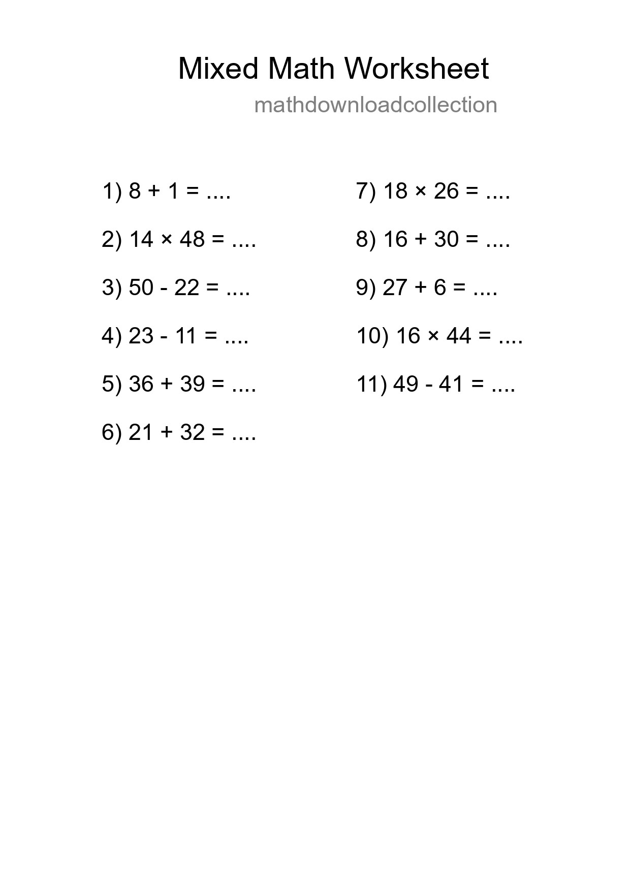 Mixed Operations Math Worksheet