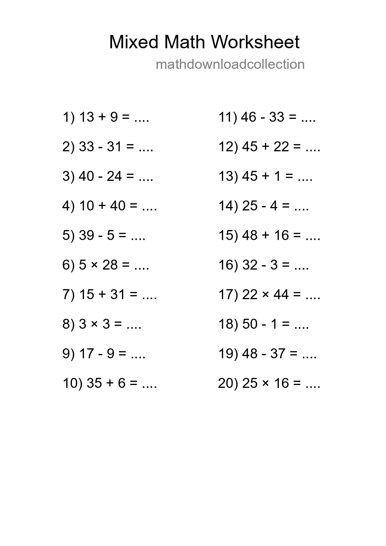 Mixed Operations Math Worksheet