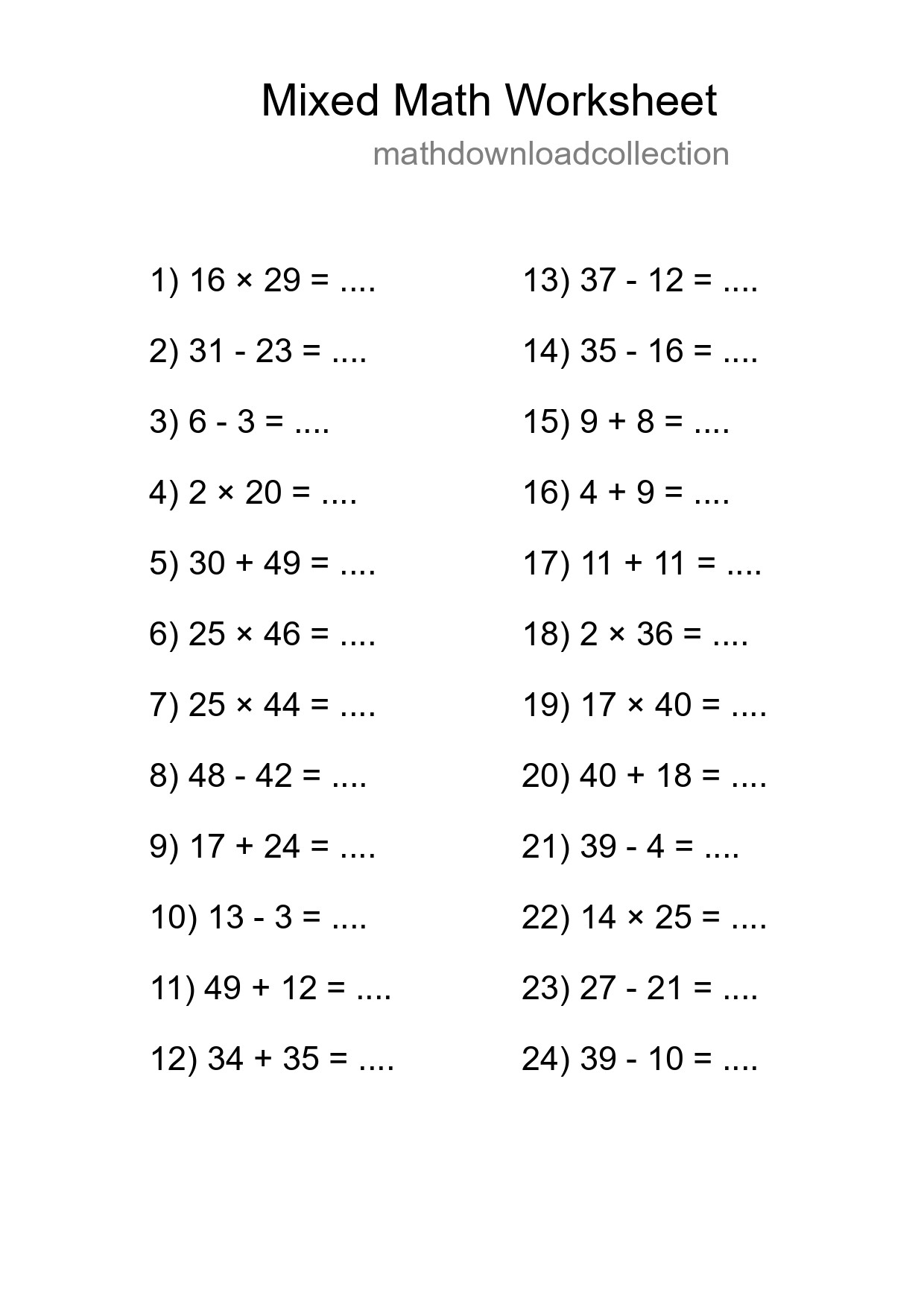 Mixed Operations Math Worksheet