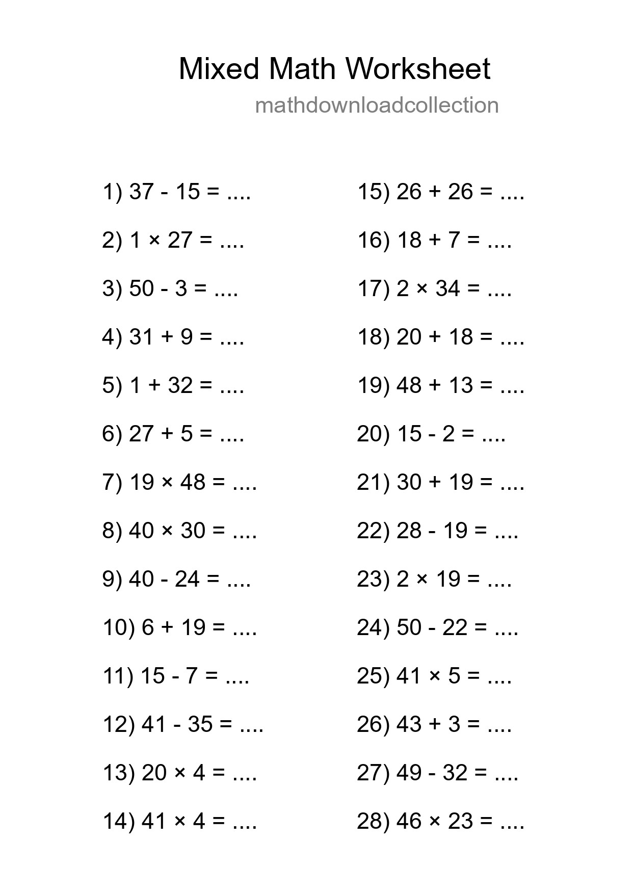 Mixed Operations Math Worksheet
