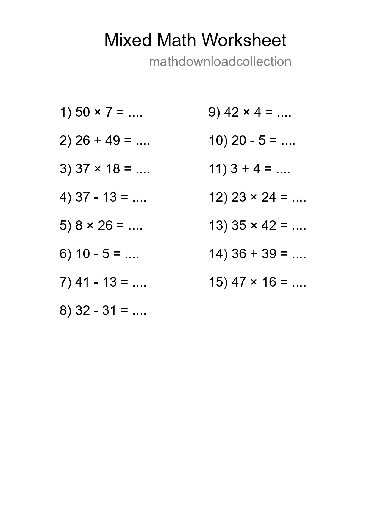 Mixed Operations Math Worksheet