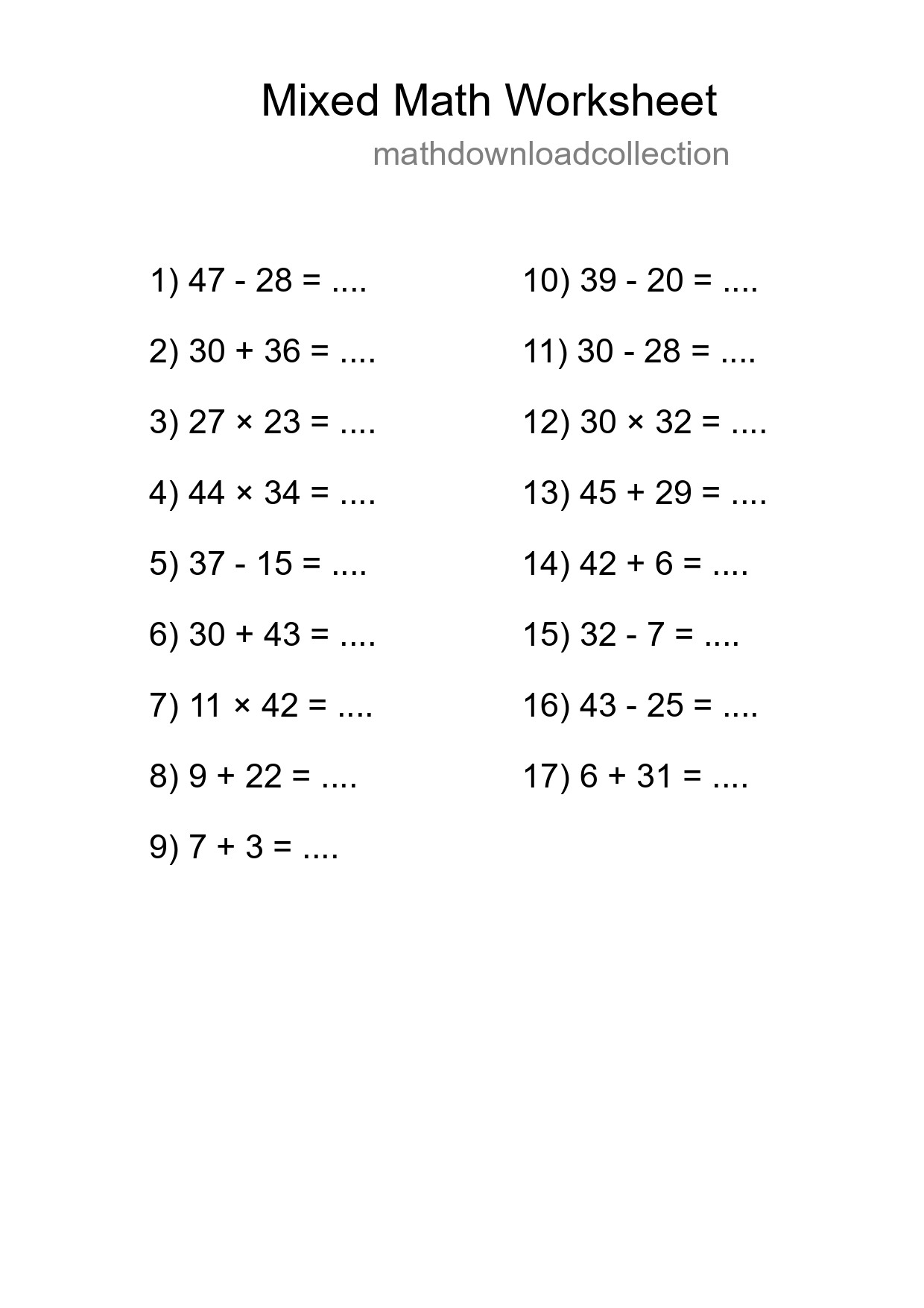 Mixed Operations Math Worksheet