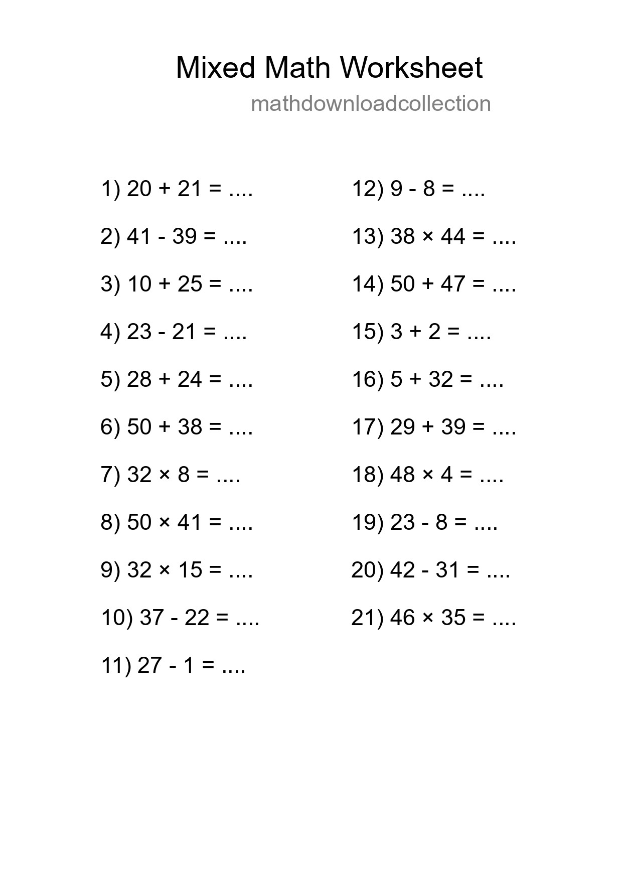 Mixed Operations Math Worksheet
