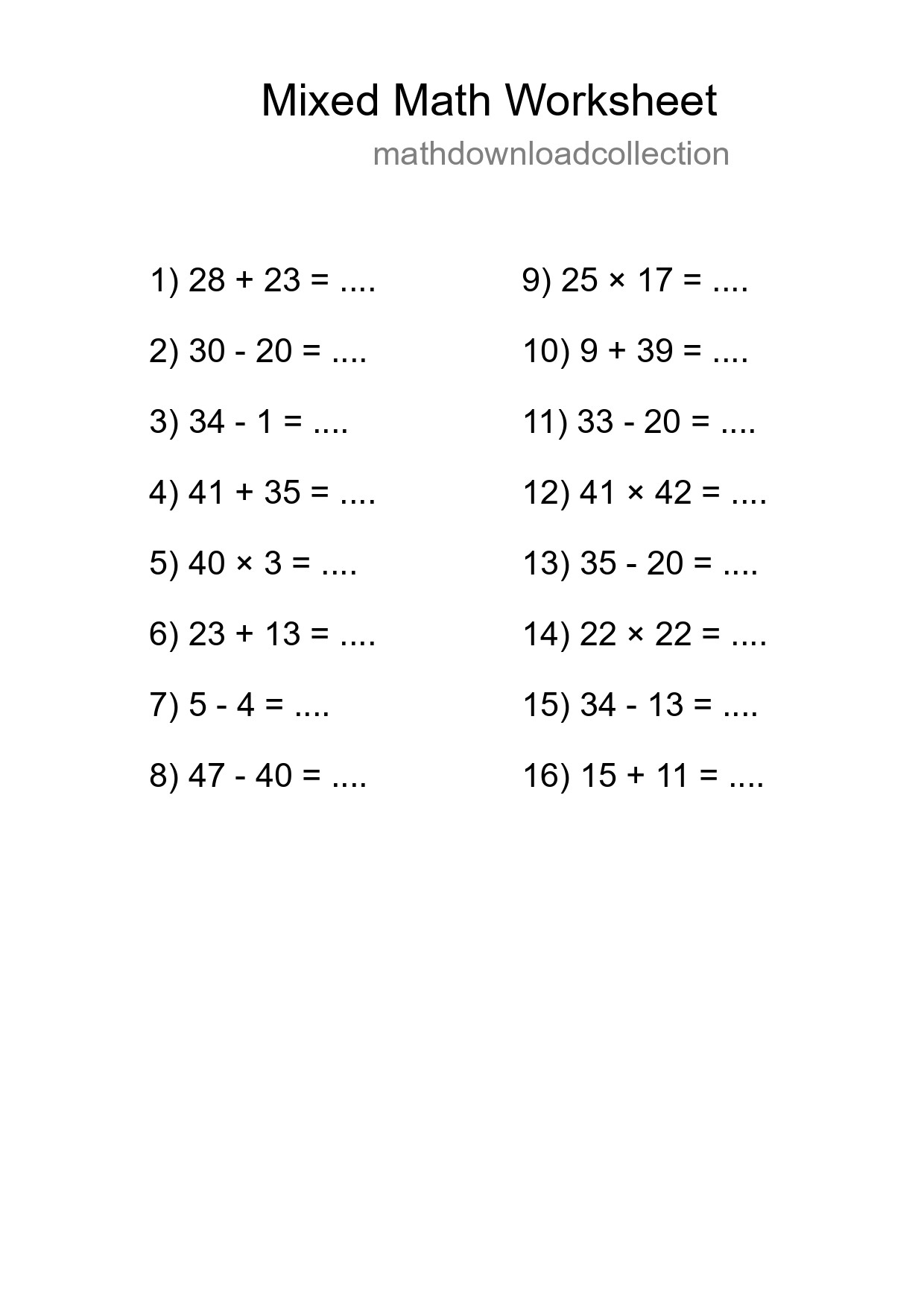 Mixed Operations Math Worksheet