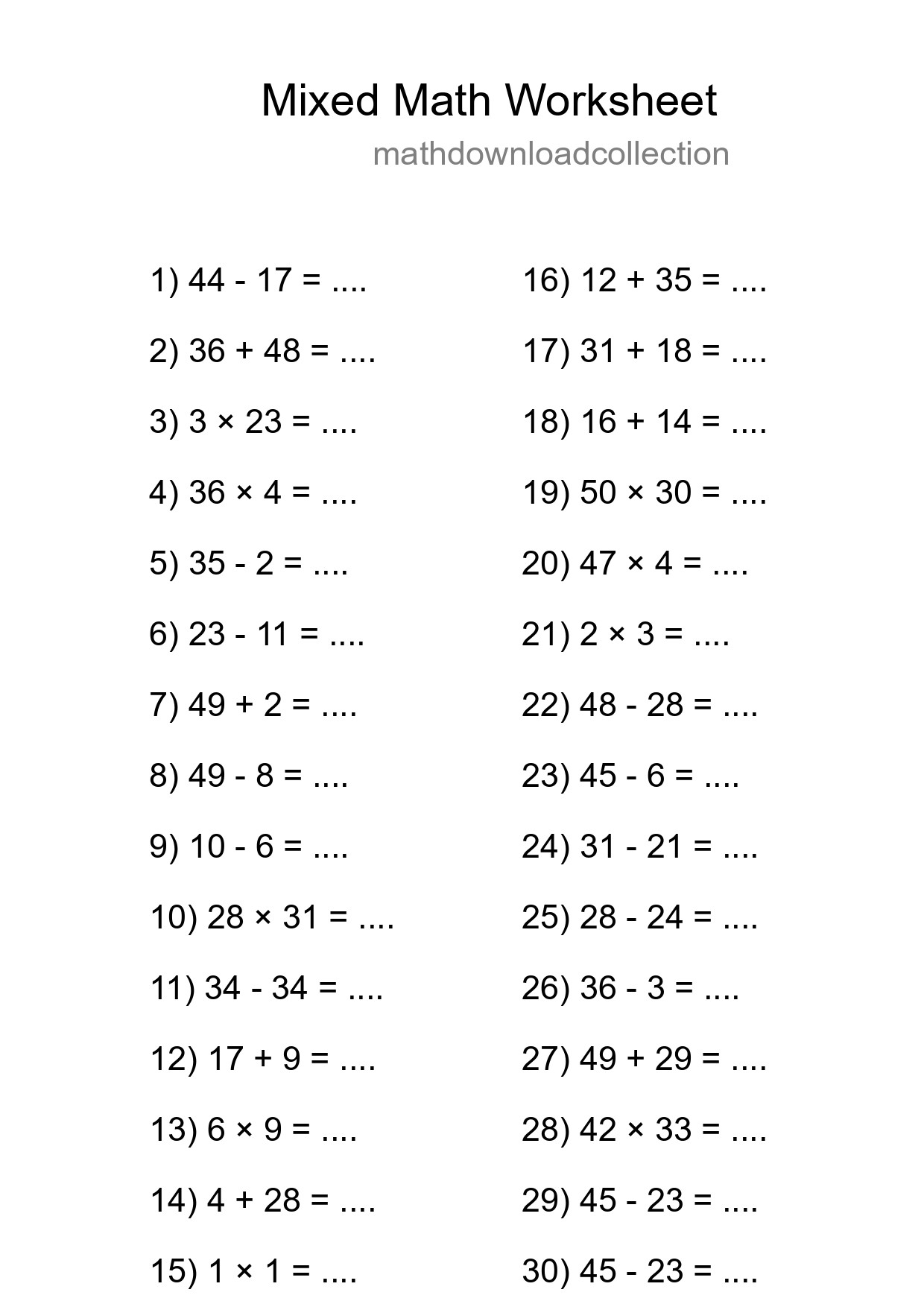 Mixed Operations Math Worksheet