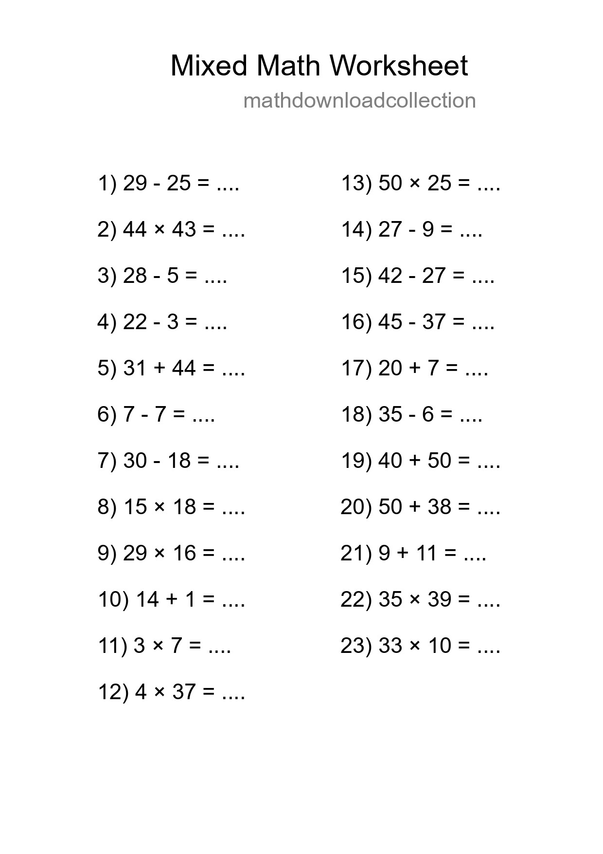 Mixed Operations Math Worksheet