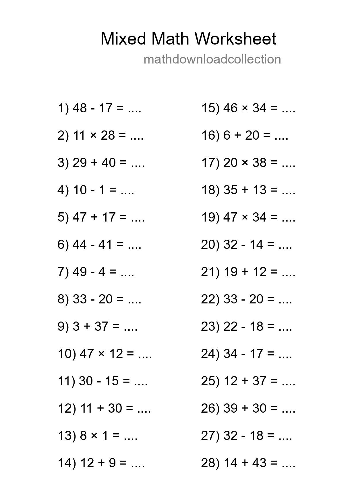 Mixed Operations Math Worksheet