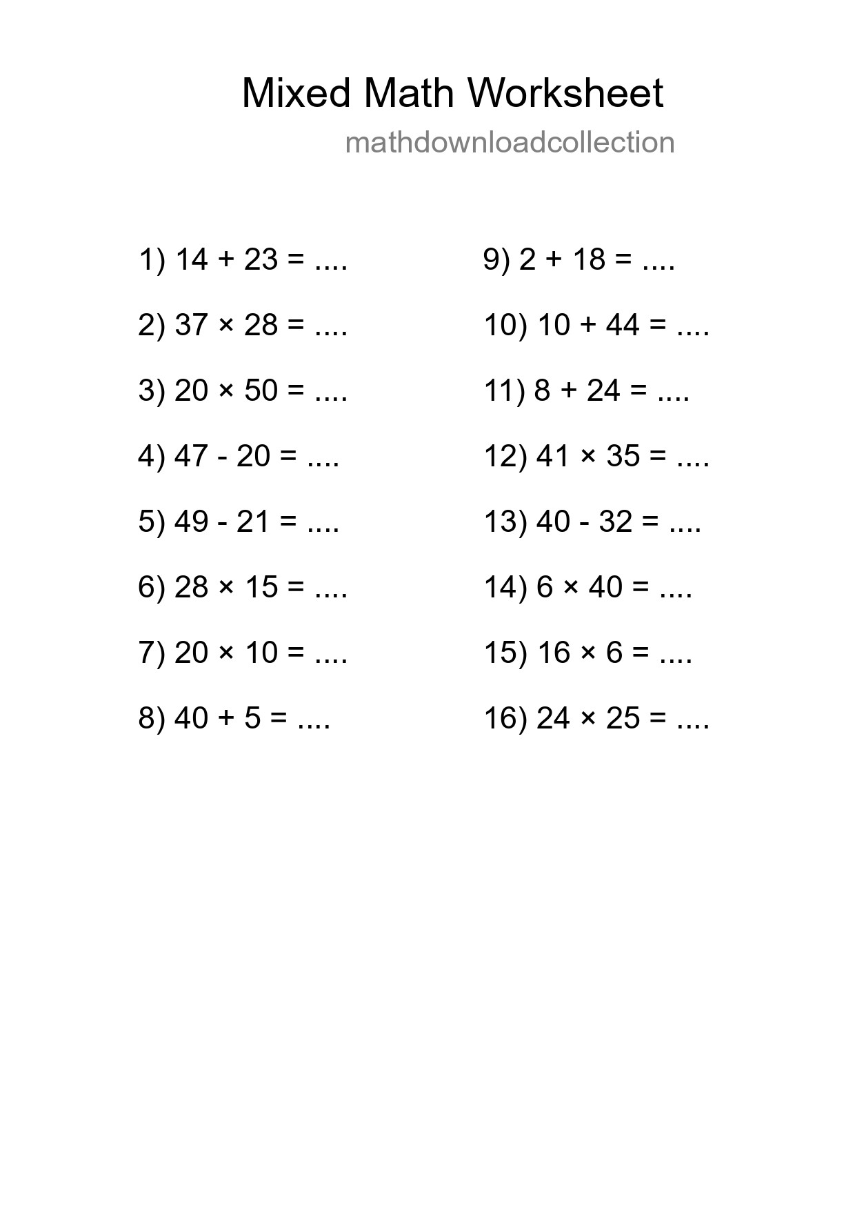 Mixed Operations Math Worksheet