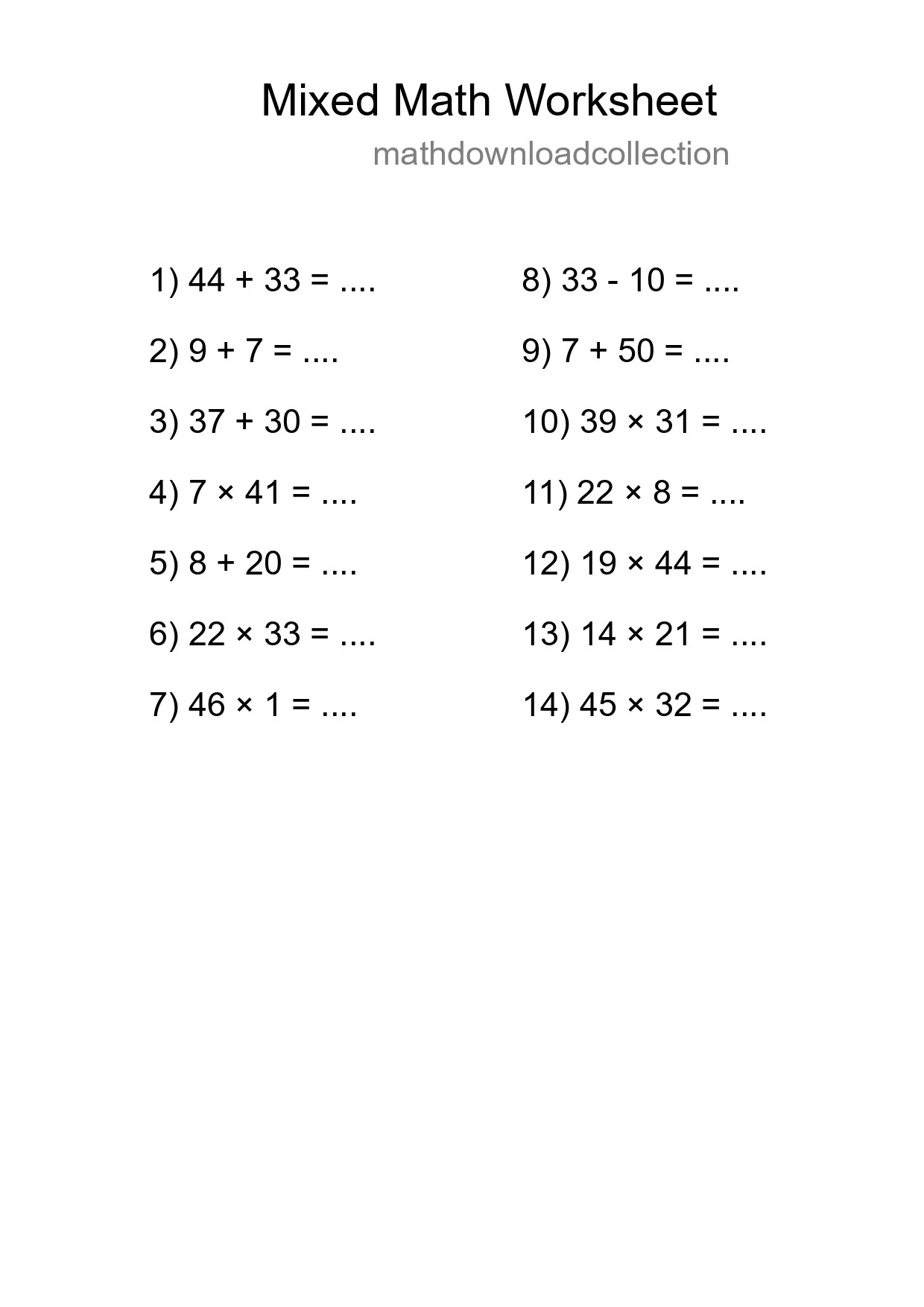 Mixed Operations Math Worksheet