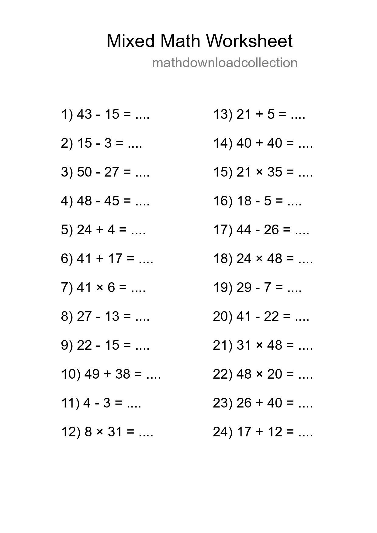 Mixed Operations Math Worksheet