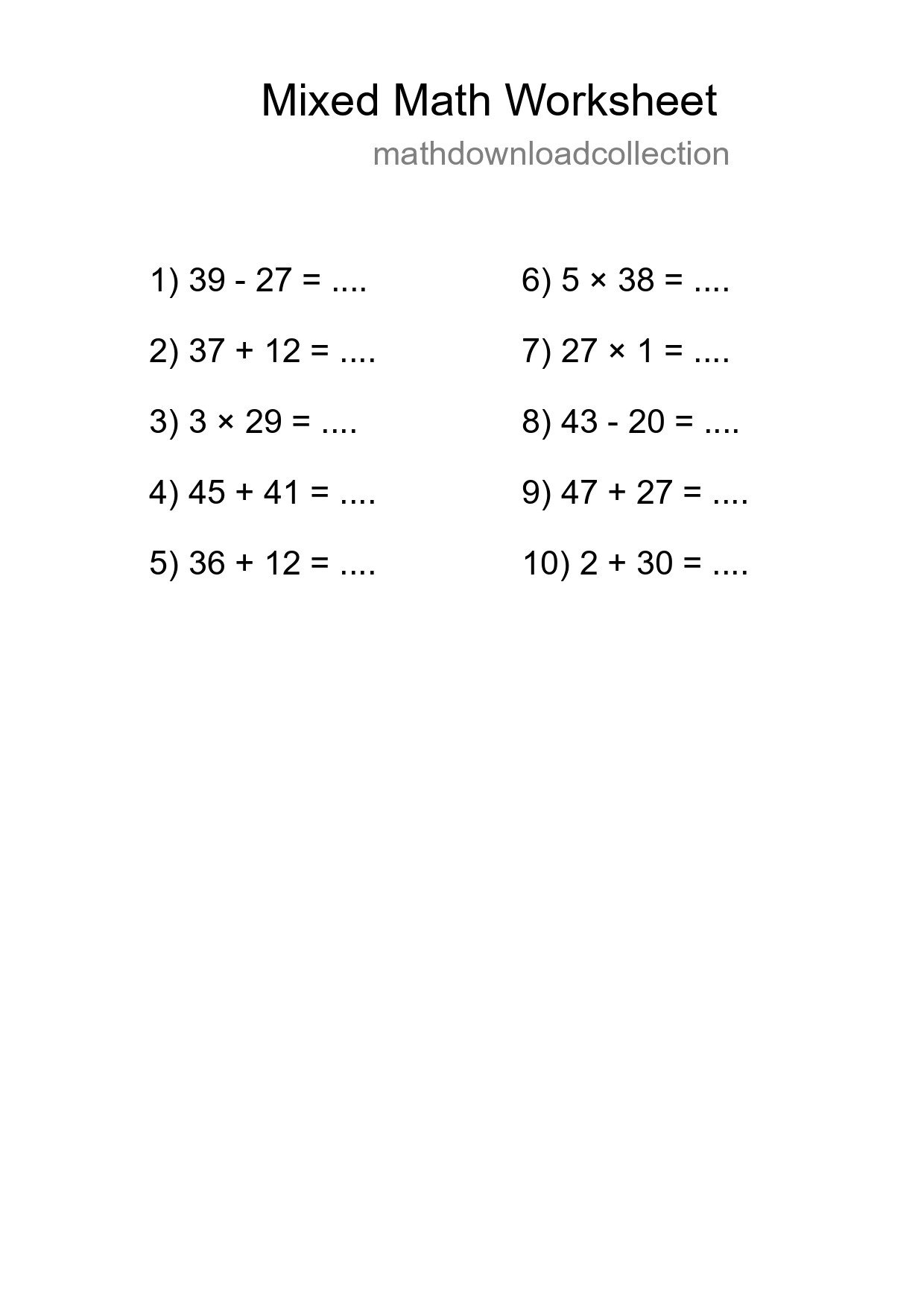 Mixed Operations Math Worksheet