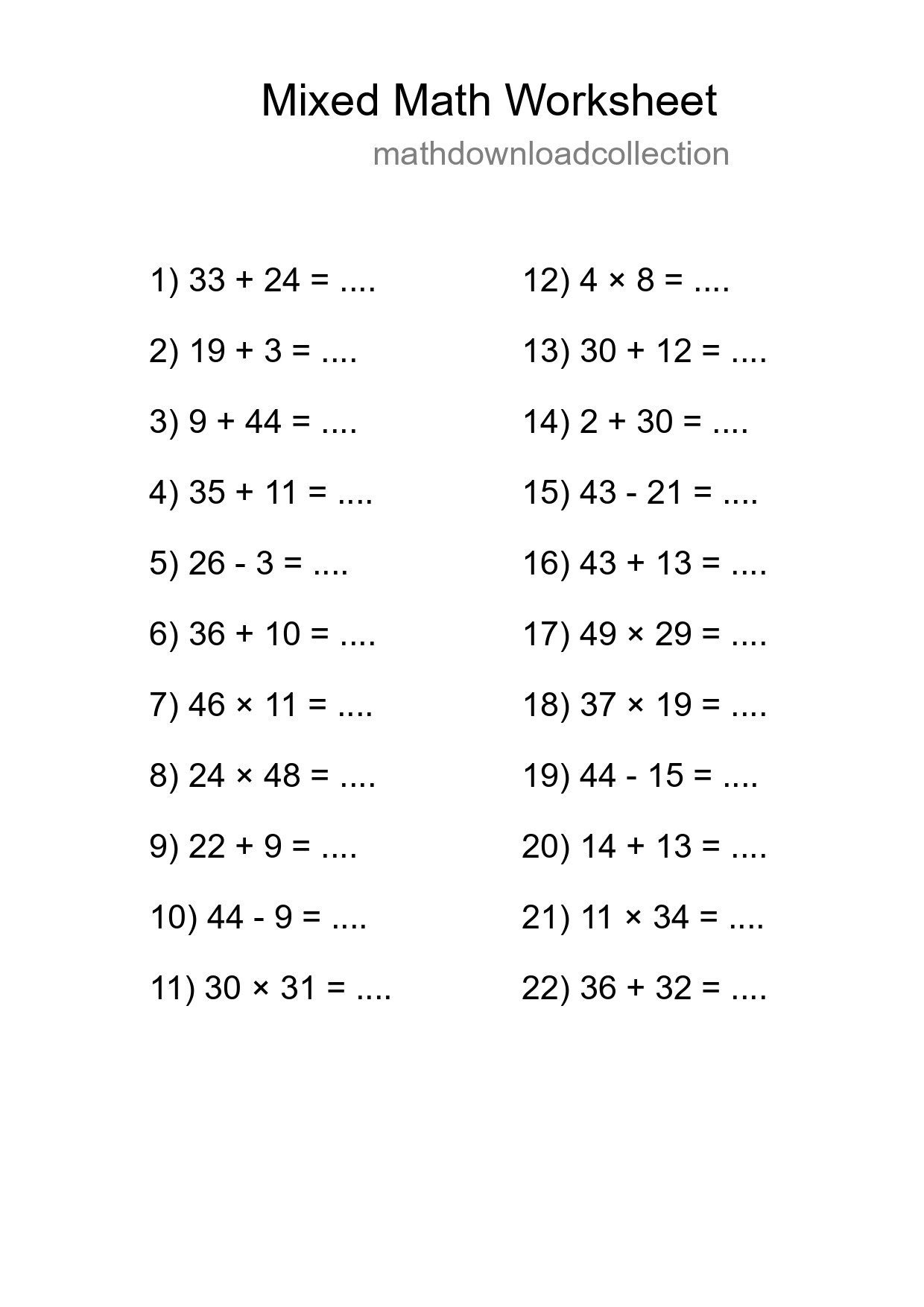 Mixed Operations Math Worksheet