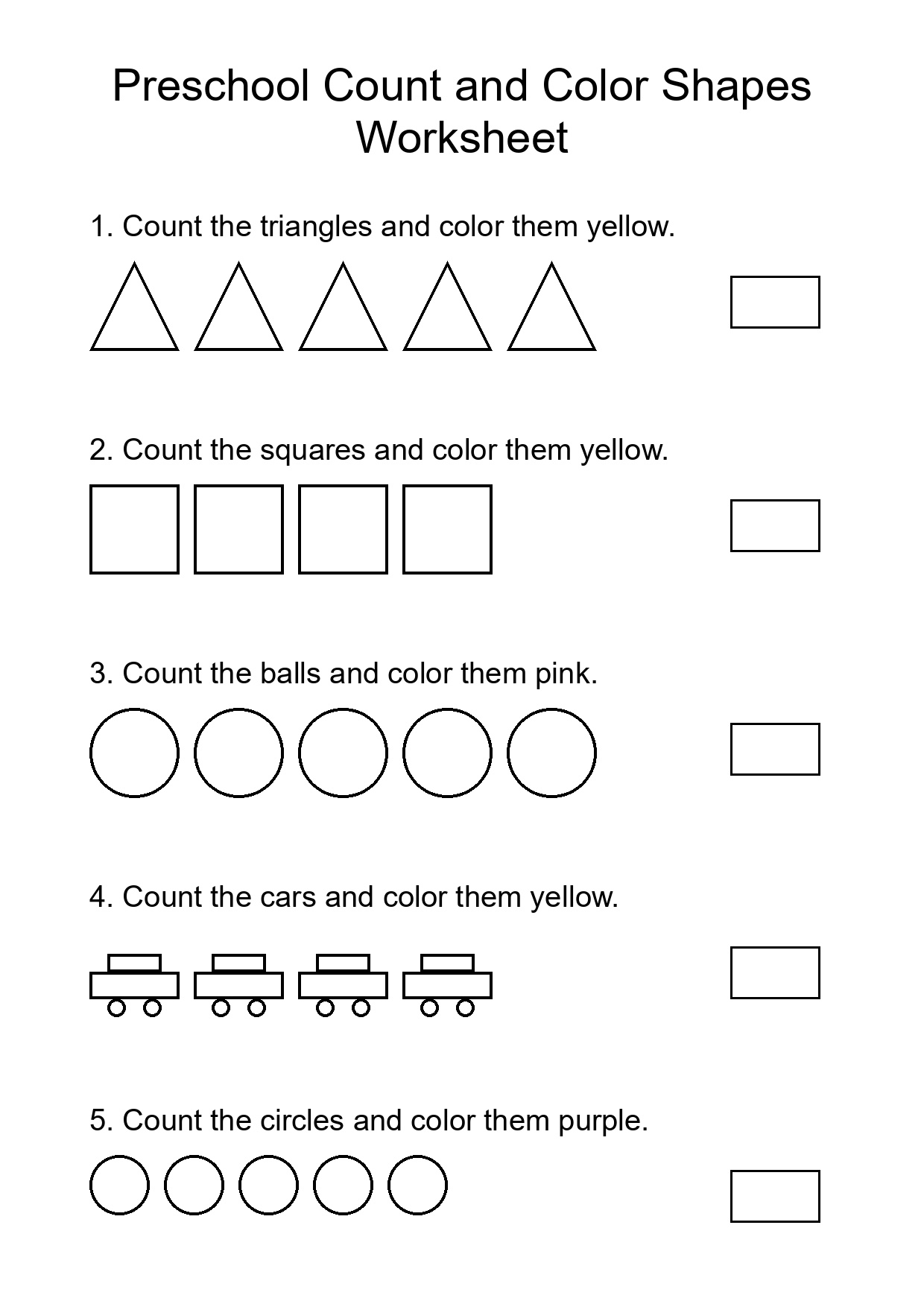 Preschool Count and Color Shapes Worksheet