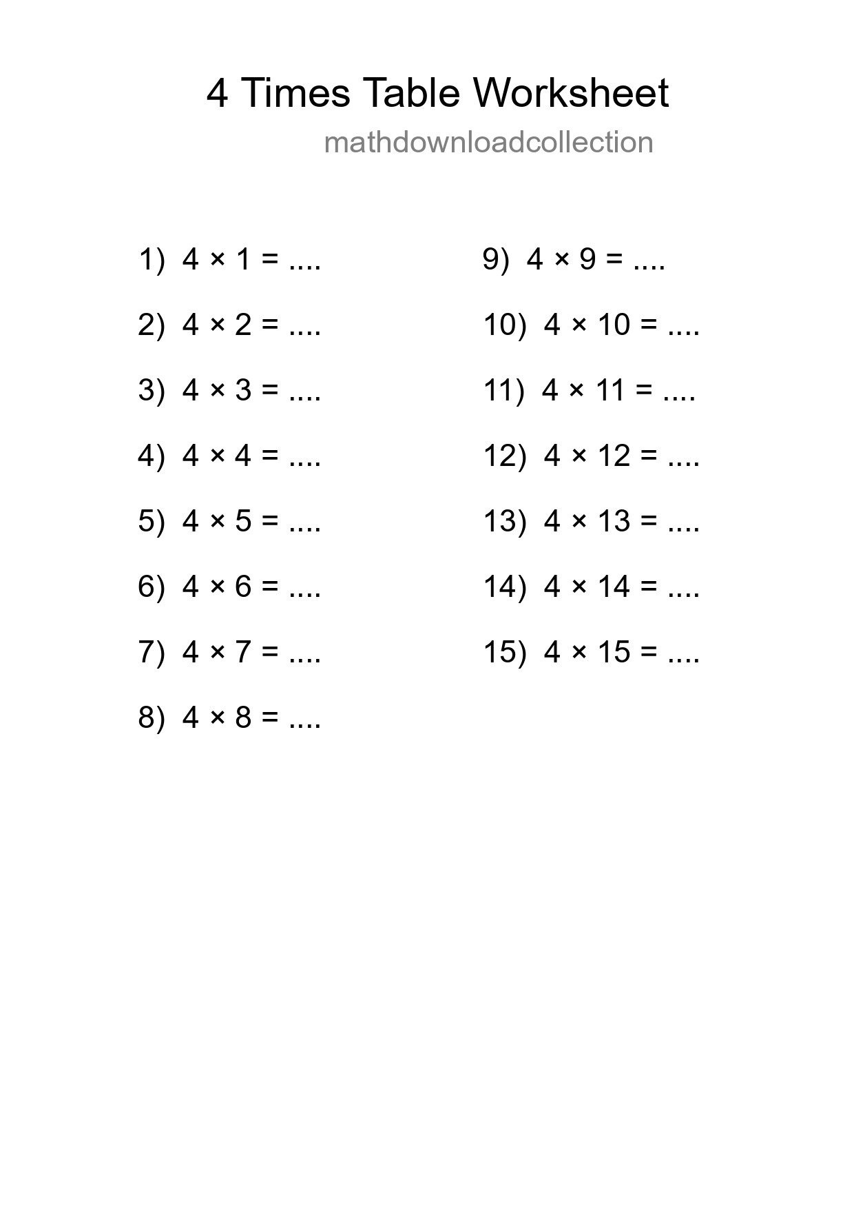 Printable 4 Times Table Worksheet For Grade 2 - Part 152