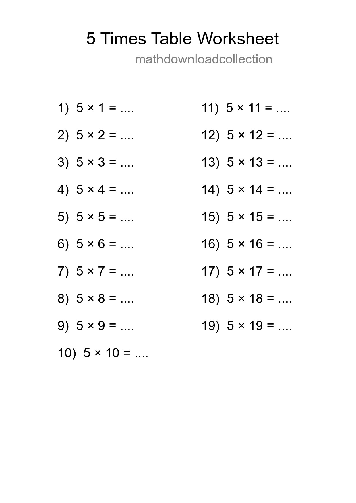 Printable 5 Times Table Worksheet For Grade 2 - Part 53