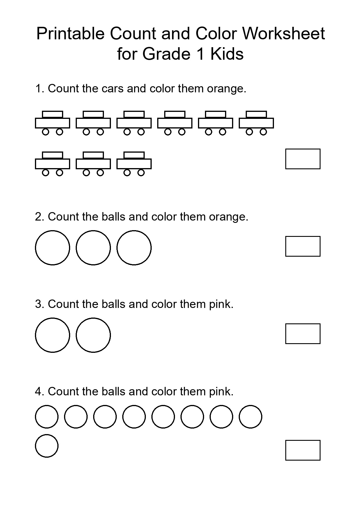 Printable Count and Color Worksheet for Grade 1 Kids