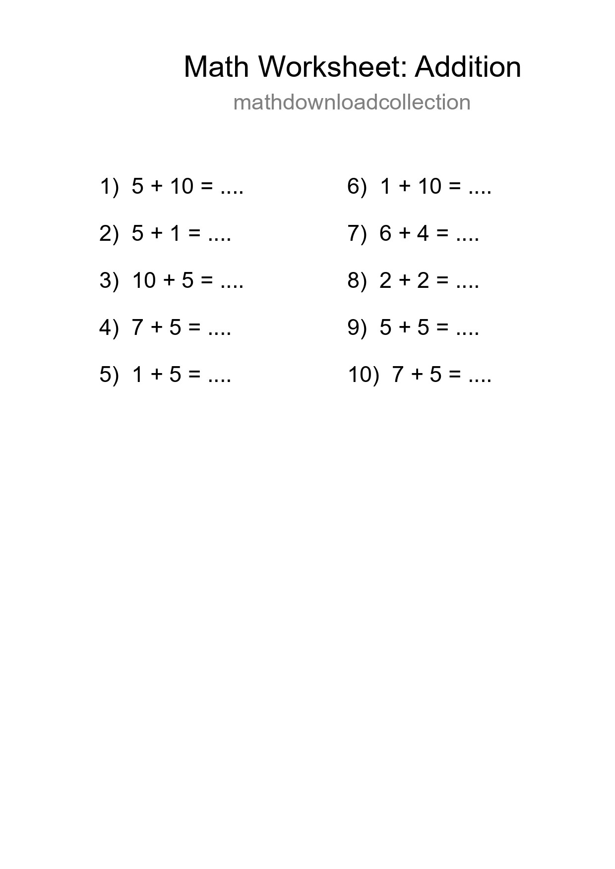 Printable Free 10 Addition Math Worksheet For Grade 1 - Part 89