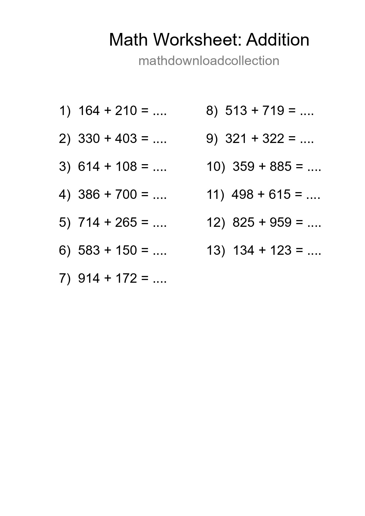 Printable Free 13 Addition Math Worksheet For Grade 5 - Part 232