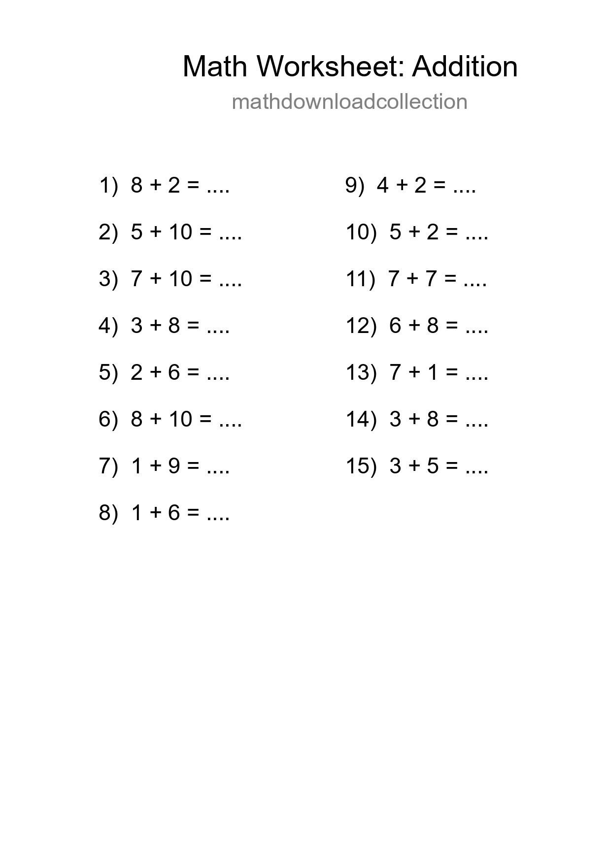 Printable Free 15 Addition Math Worksheet For Grade 1 - Part 188
