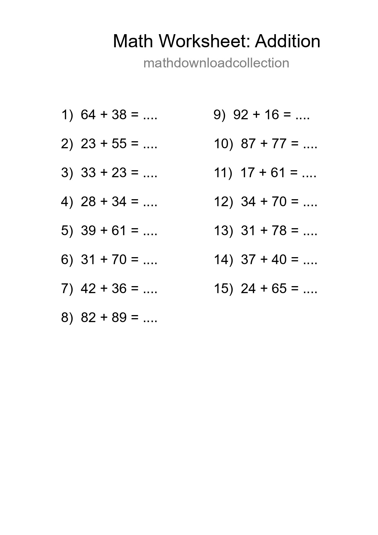 Printable Free 15 Addition Math Worksheet For Grade 3 - Part 122