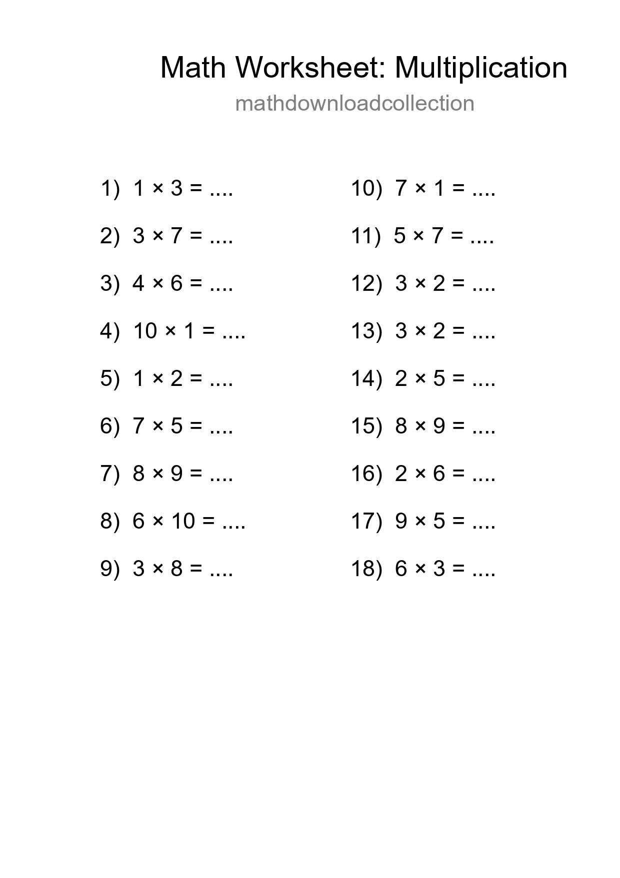 Printable Free 18 Multiplication Math Worksheet For Grade 1 - Part 161