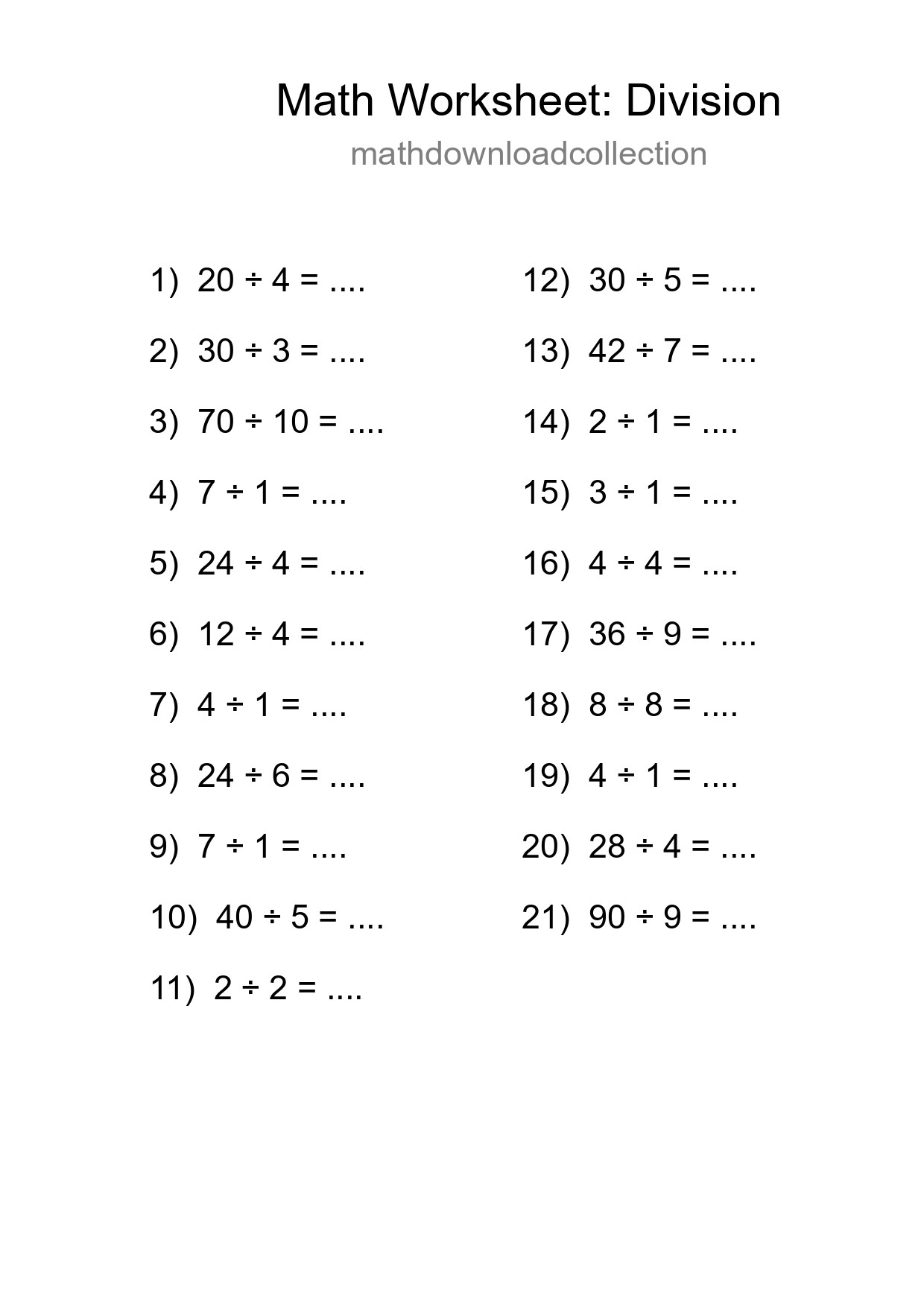 Printable Free 21 Division Math Worksheet For Grade 1 - Part 224