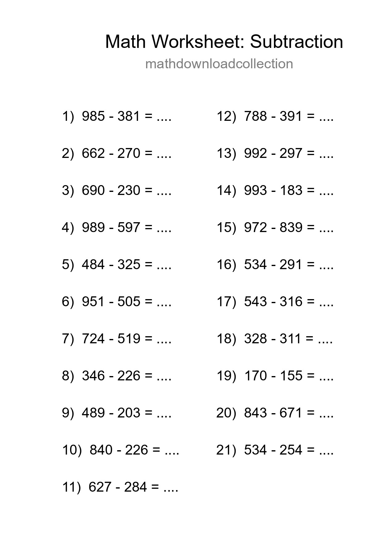 Printable Free 21 Subtraction Math Worksheet For Grade 5 - Part 206