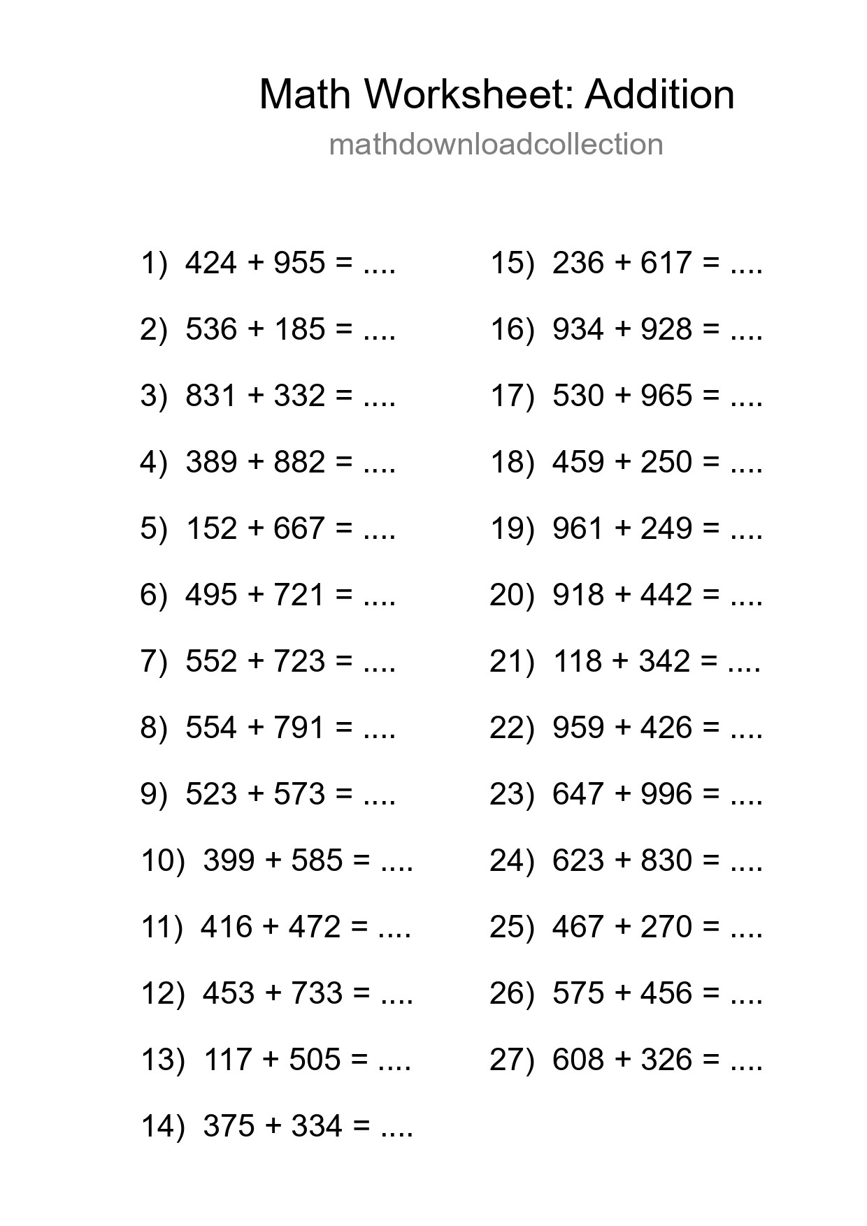 Printable Free 27 Addition Math Worksheet For Grade 5 - Part 177