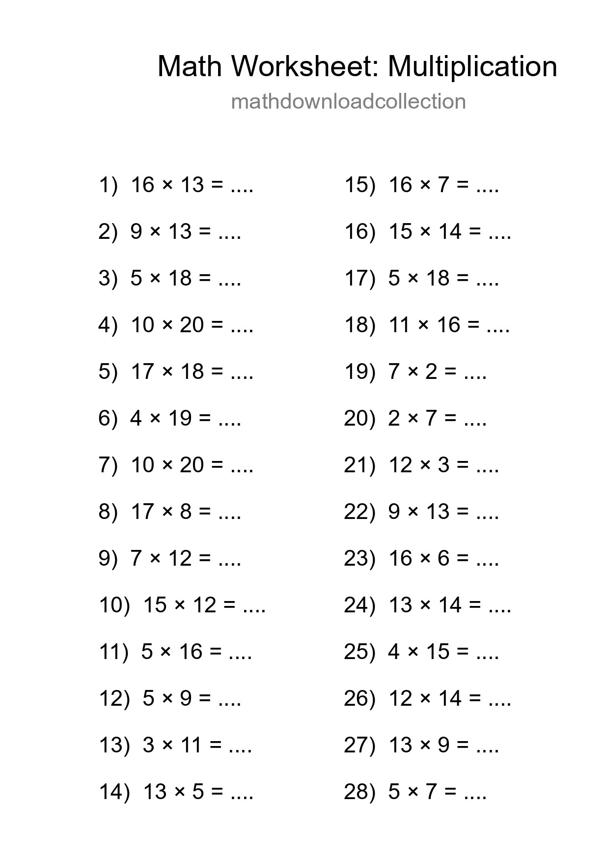 Printable Free 28 Multiplication Math Worksheet For Grade 2 - Part 106