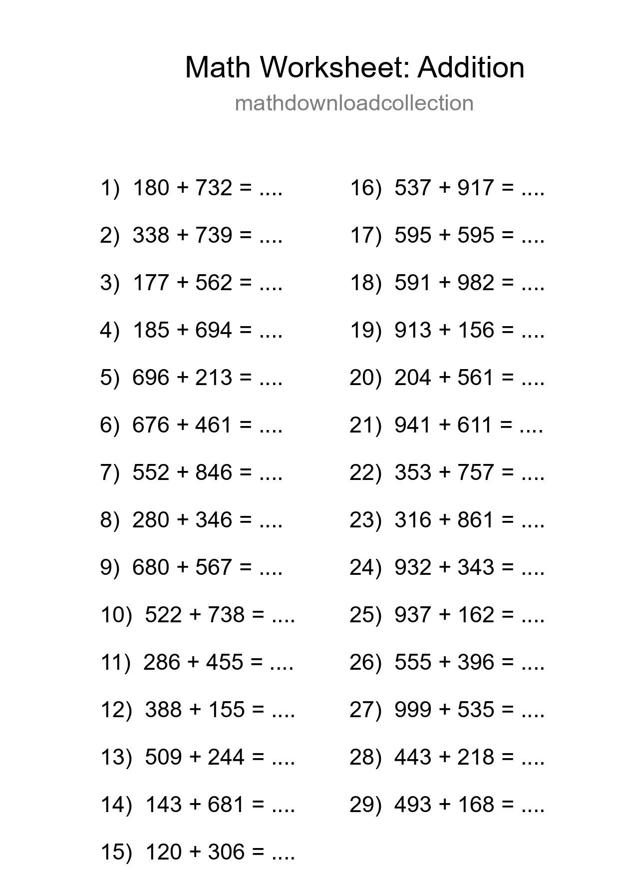 Printable Free 29 Addition Math Worksheet For Grade 5 - Part 298